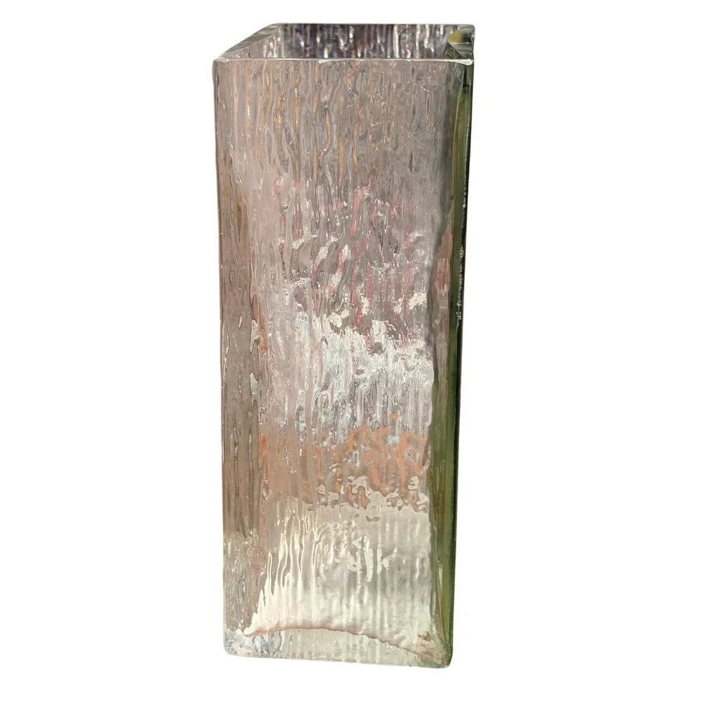 VTG FTDA Art Glass Vase 1985 Raised Relief Purple Iris Textured Bark Back 7 Inch